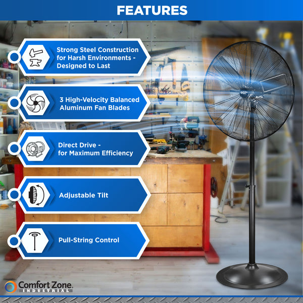 Comfort Zone 30" 3-Speed High-Velocity Industrial Pedestal Fan