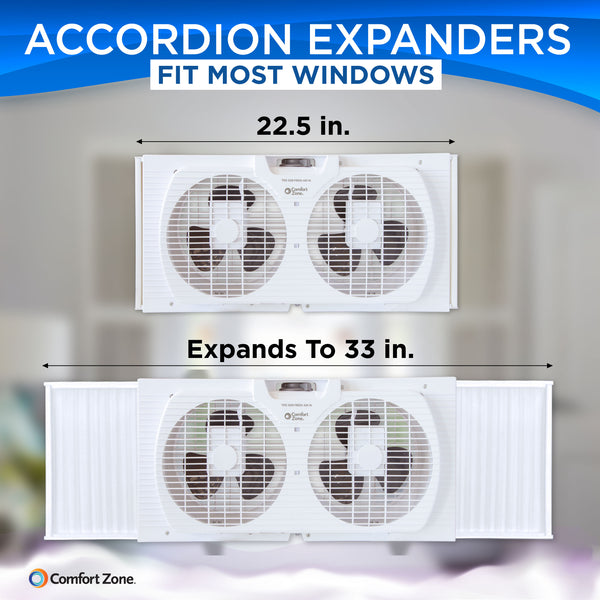 Comfort Zone 9" Twin Window Fan Reversible Airflow Control in Multiple