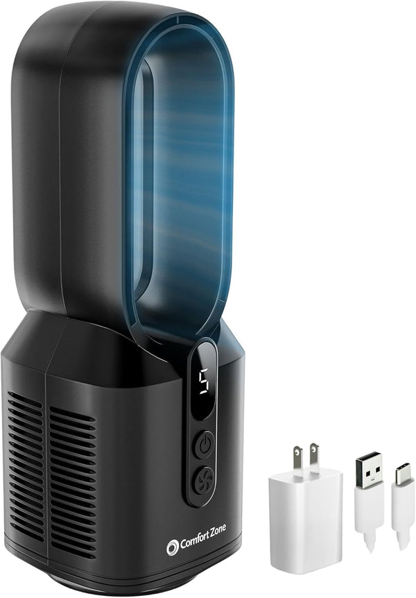 Comfort Zone 14" 5-Speed Rechargeable Bladeless Tabletop Fan