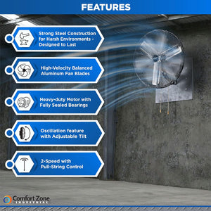 Comfort Zone 30" 2-Speed Oscillating Industrial Wall Fan