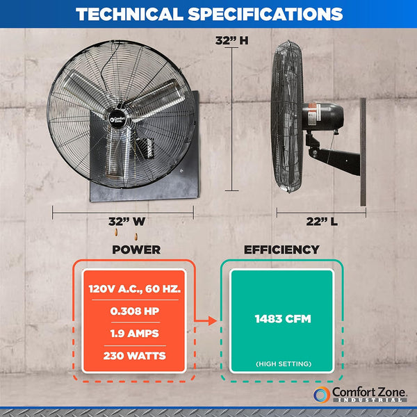 Comfort Zone 30" 2-Speed Oscillating Industrial Wall Fan