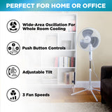 Comfort Zone 16" 3-Speed Adjustable Oscillating Pedestal Fan in White & Black