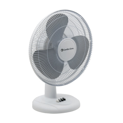 Comfort Zone 12" 3-Speed Quiet Oscillating Table Fan in White & Black
