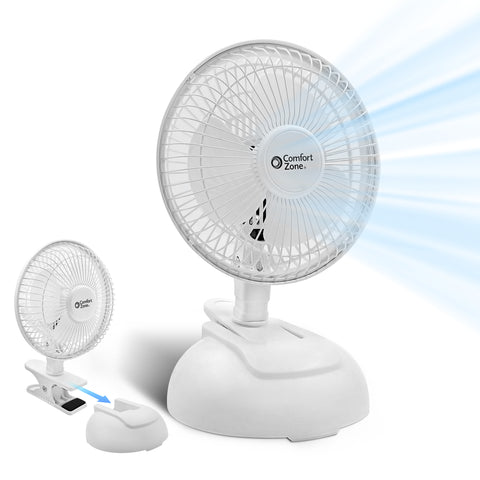 Comfort Zone 6" 2-Speed Clip Fan with Base in White & Black