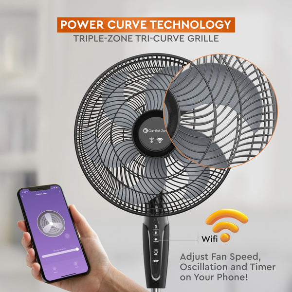 Comfort Zone 18" Smart Wi-Fi 3-Speed Oscillating Stand Fan