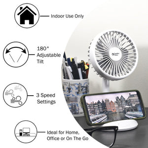 Comfort Zone 4” 3-Speed Rechargeable Personal Fan with Wireless Charger