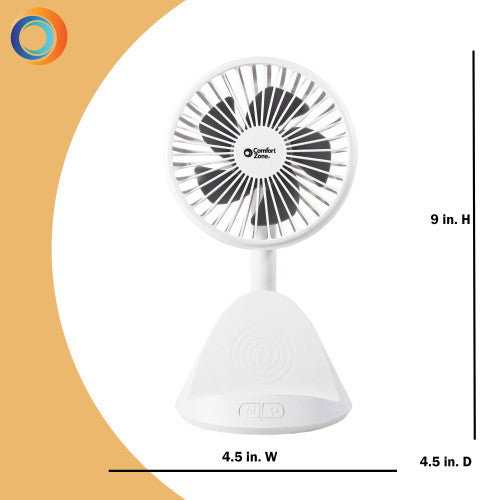Comfort Zone 4” 3-Speed Rechargeable Personal Fan with Wireless Charger