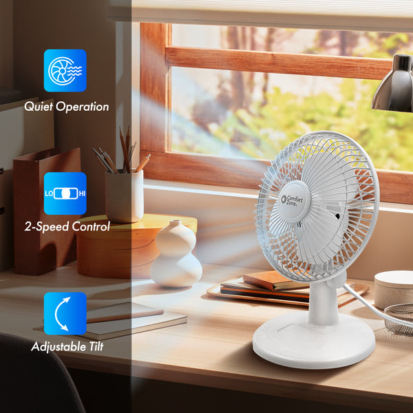 Comfort Zone 6" 2-Speed Desk Fan with Stable Base and Adjustable Tilt