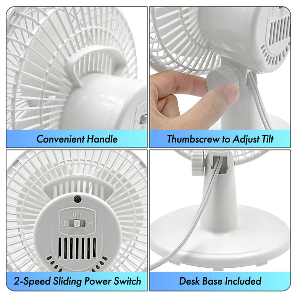 Comfort Zone 6" 2-Speed Desk Fan with Stable Base and Adjustable Tilt