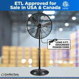 Comfort Zone 30" 3-Speed High-Velocity Industrial Pedestal Fan in Black