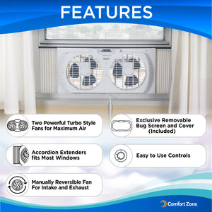 Comfort Zone 9" 2-Speed Twin Window Fan Reversible Airflow Control