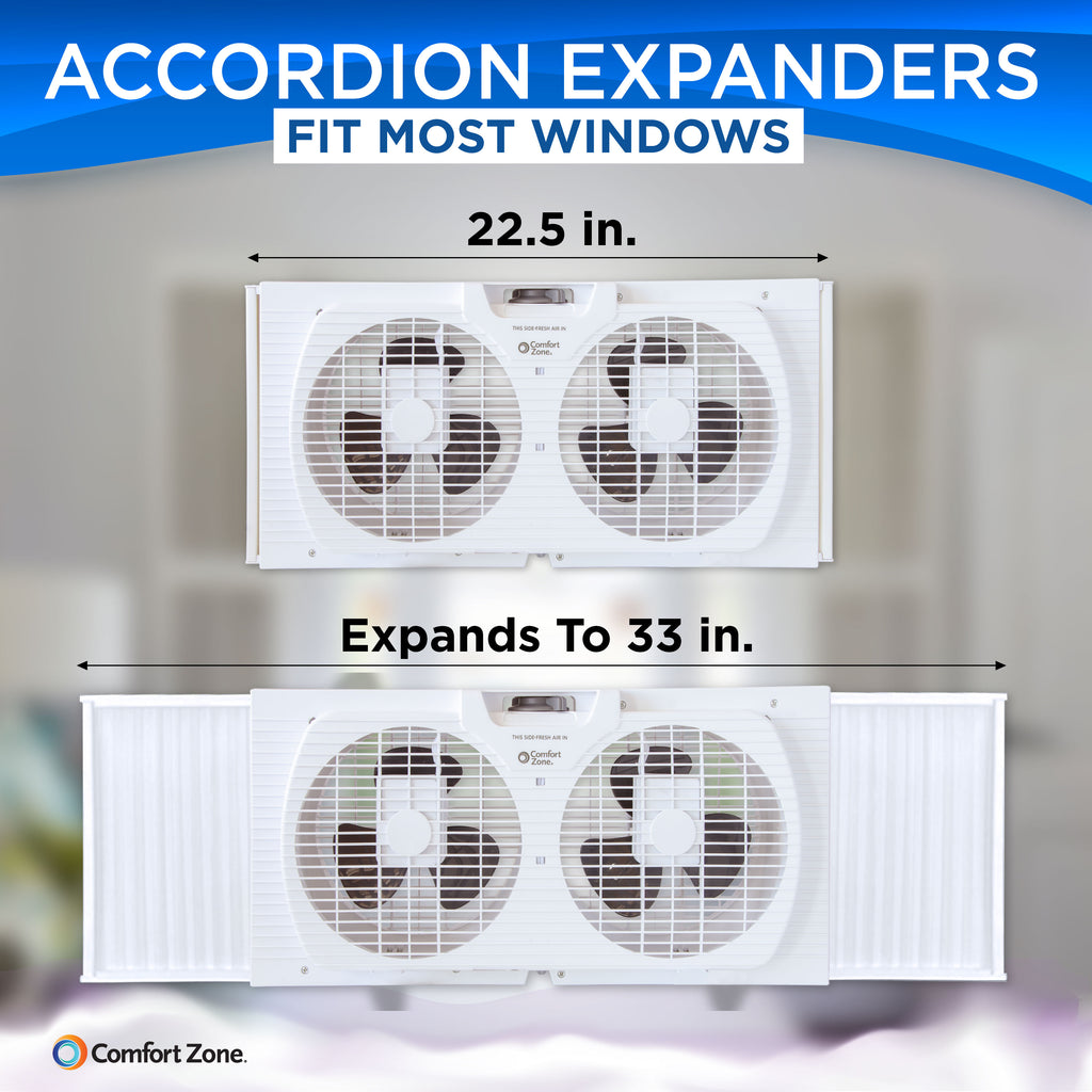 Comfort Zone 9" Twin Window Fan Reversible Airflow Control in Multiple