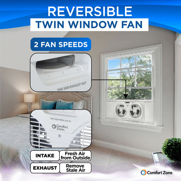 Comfort Zone 9" 2-Speed Twin Window Fan Reversible Airflow Control