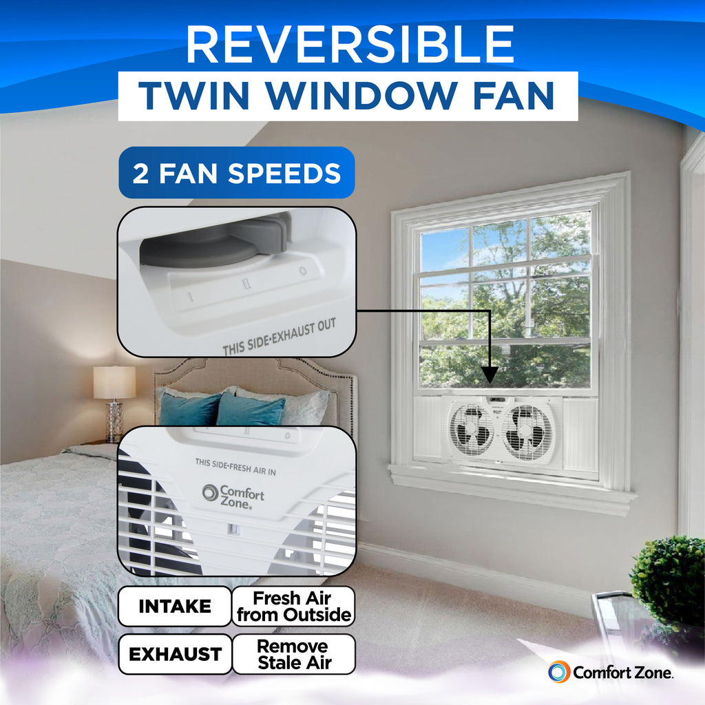 Comfort Zone 9" 2Speed Twin Window Fan with Manual Reversible Airflow