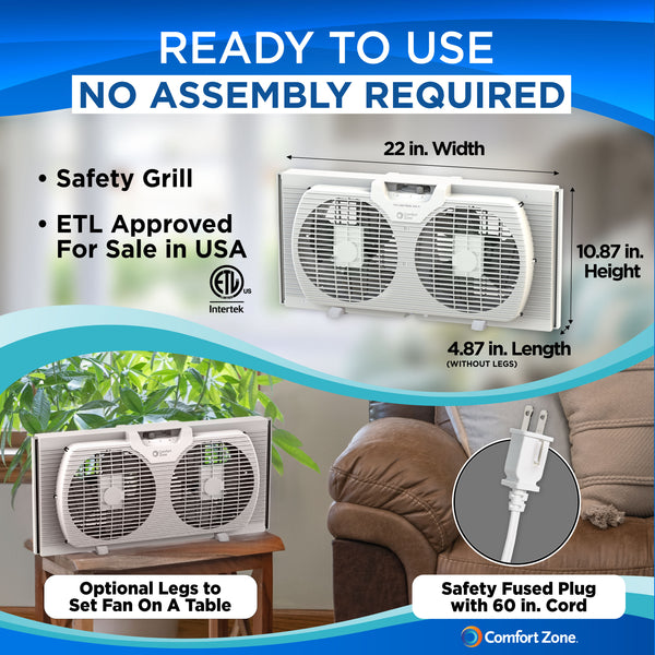 Comfort Zone 9" 2-Speed Twin Window Fan Reversible Airflow Control