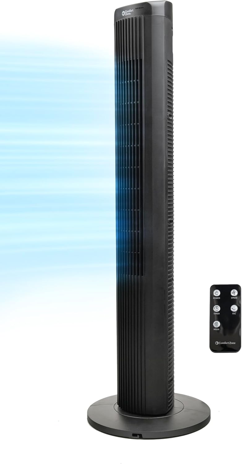 Comfort Zone 40" Oscillating Portable Tower Fan with Remote in Black