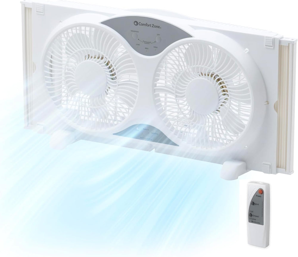Comfort Zone 9" 3-Speed Reversible Twin Window Fan with Remote Control