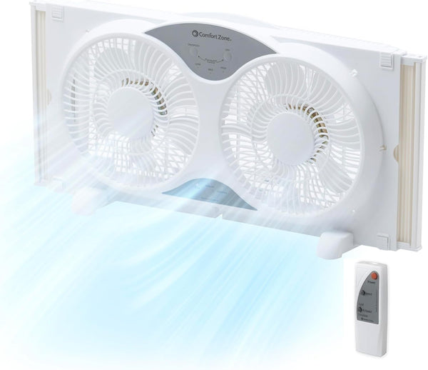 Comfort Zone 9" 3-Speed Reversible Twin Window Fan with Remote Control