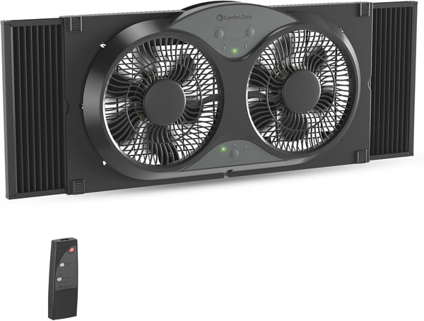 Comfort Zone 9" 3-Speed Reversible Twin Window Fan with Remote Control