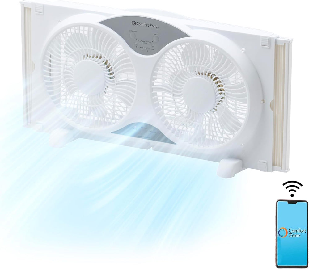 Comfort Zone 9" Wi-Fi 3-Speed Twin Window Fan with Reversible Control