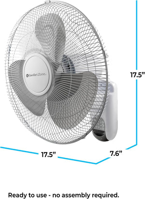 Comfort Zone 16" Oscillating Wall Mount Fan, 3-Speed , Wi-Fi , Timer, Tilt