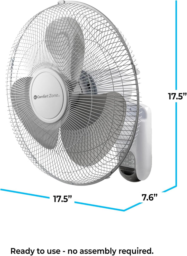 Comfort Zone 16" Oscillating Wall Mount Fan, 3-Speed , Wi-Fi , Timer, Tilt