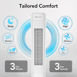 Comfort Zone 36” 3-Speed Oscillating Tower Fan with Remote Control