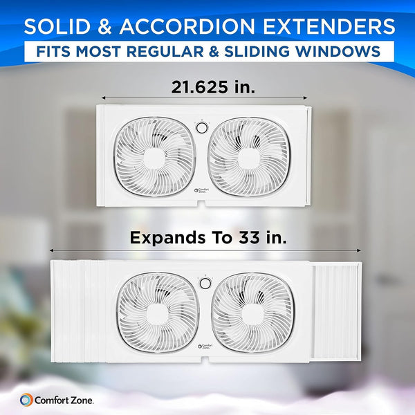 Comfort Zone 9" 2-Speed Twin Window Fan with 180 Degree Rotating Fans