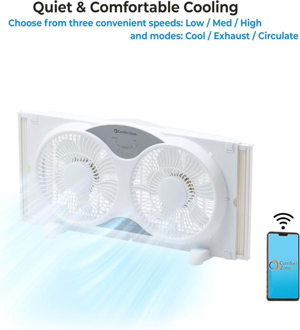 Comfort Zone 9" Wi-Fi 3-Speed Twin Window Fan with Reversible Control