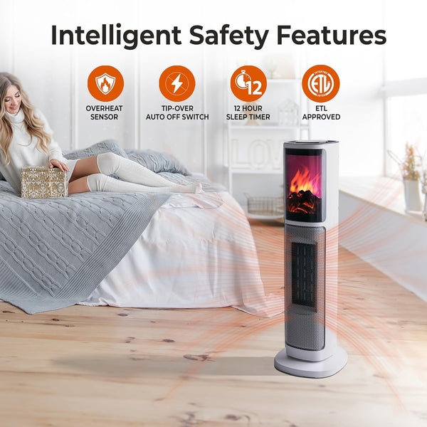Comfort Zone 25" Oscillating Tower Space Heater with 3D Flame and Remote Control