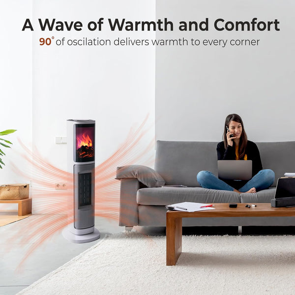 Comfort Zone 25" Oscillating Tower Space Heater with 3D Flame and Remote Control