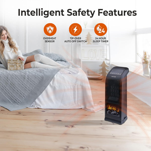 Comfort Zone Oscillating 18" Tower Space Heater with 3D Flame and Remote Control