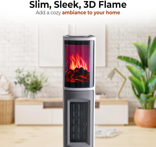 Comfort Zone 25" Oscillating Tower Space Heater with 3D Flame and Remote Control