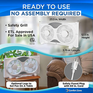 Comfort Zone 9" Wi-Fi 3-Speed Twin Window Fan with Reversible Control