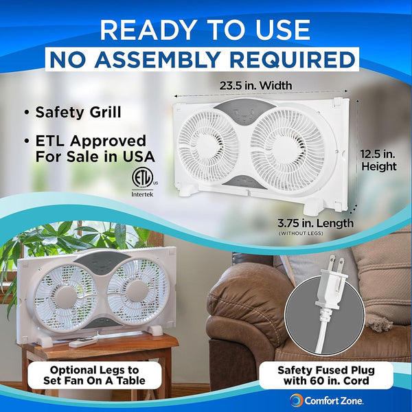 Comfort Zone 9" Wi-Fi 3-Speed Twin Window Fan with Reversible Control