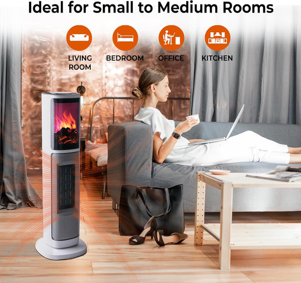 Comfort Zone 25" Oscillating Tower Space Heater with 3D Flame and Remote Control