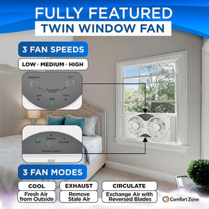 Comfort Zone 9" Wi-Fi 3-Speed Twin Window Fan with Reversible Control