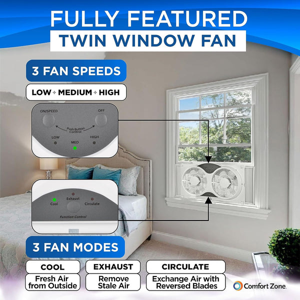 Comfort Zone 9" Wi-Fi 3-Speed Twin Window Fan with Reversible Control