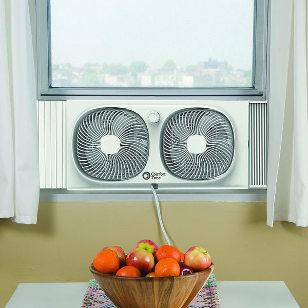 Comfort Zone 9" 2-Speed Twin Window Fan with 180 Degree Rotating Fans