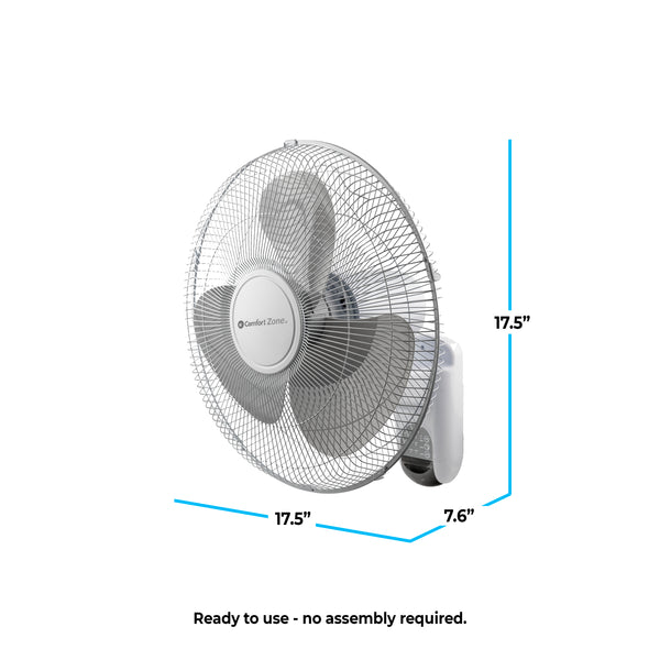 Comfort Zone 16” 3-Speed Wall Mount Fan with Remote