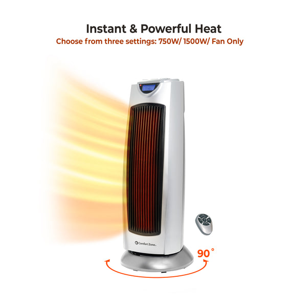 Comfort Zone Ceramic Oscillating Digital Tower Heater with Remote