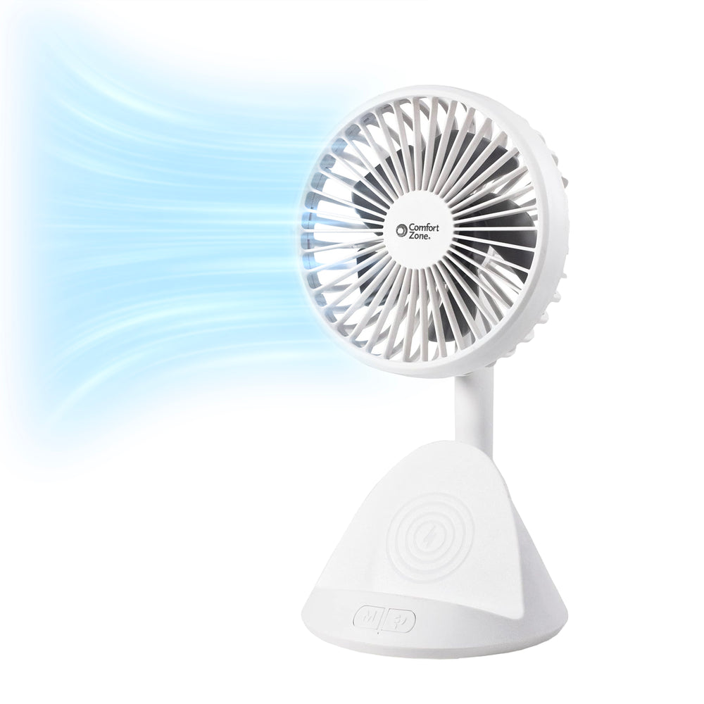 Comfort Zone 4” 3-Speed Rechargeable Personal Fan with Wireless Charger