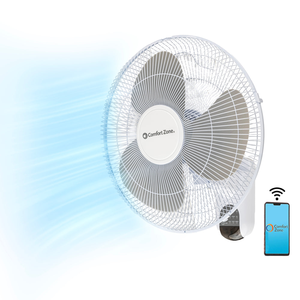 Comfort Zone 16" Oscillating Wall Mount Fan, 3-Speed , Wi-Fi , Timer, Tilt