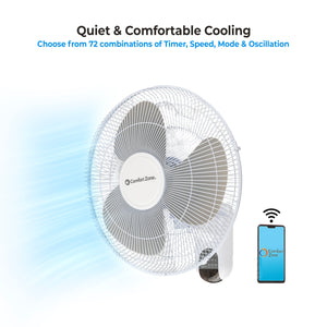 Comfort Zone 16" Oscillating Wall Mount Fan, 3-Speed , Wi-Fi , Timer, Tilt