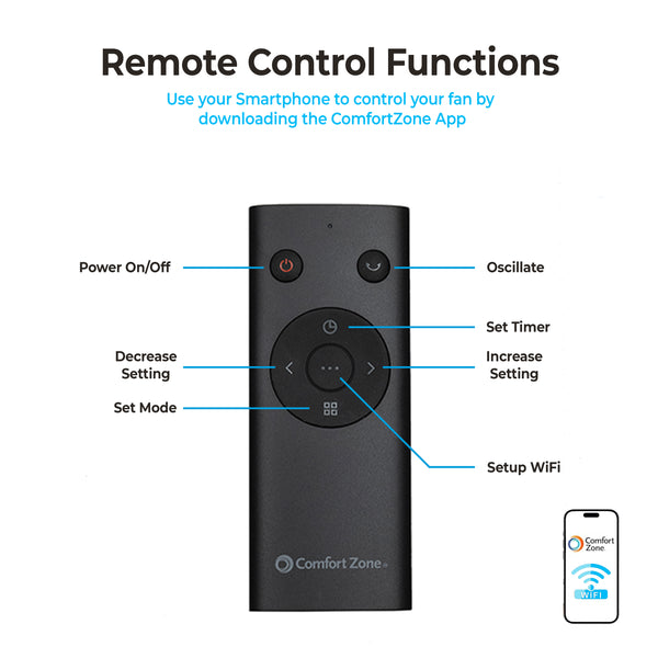 Comfort Zone 42" Smart Wi-Fi Oscillating Portable Tower Fan with Remote