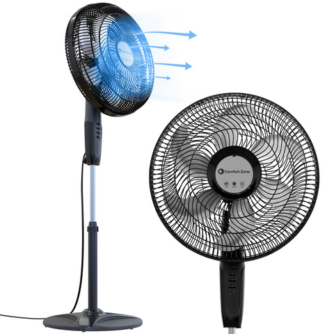 Comfort Zone 18" 3-Speed Powr Curve Oscillating Pedestal Fan in Black/Silver
