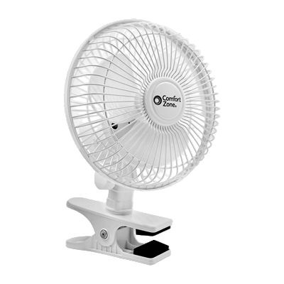 White clip-on fan with 'Comfort Zone' branding on a white background