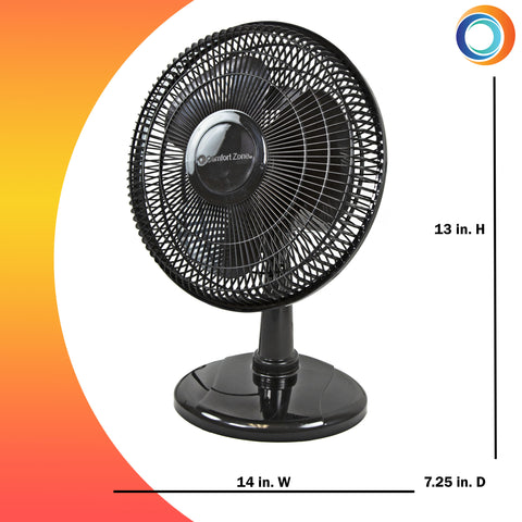 Comfort Zone 12 Oscillating Table Fan 12 Diameter 3 Speed Oscillating  Adjustable Tilt Head Quiet Metal Black - Office Depot