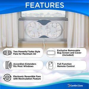Comfort Zone 9" 3-Speed Reversible Twin Window Fan with Remote Control
