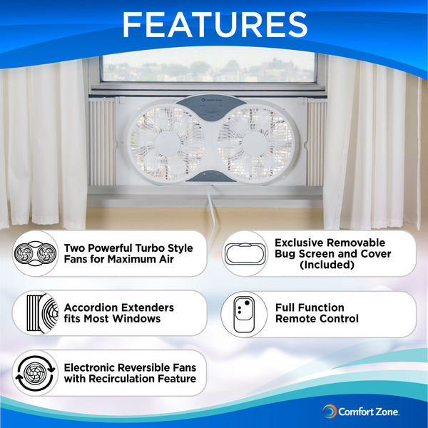 Comfort Zone 9" 3-Speed Reversible Twin Window Fan with Remote Control